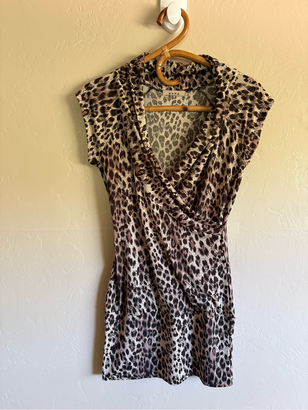 Y2K Sapa Leopard Cheetah Print Short Sleeve V-Neck Faux Wrap Mini Dress Size M